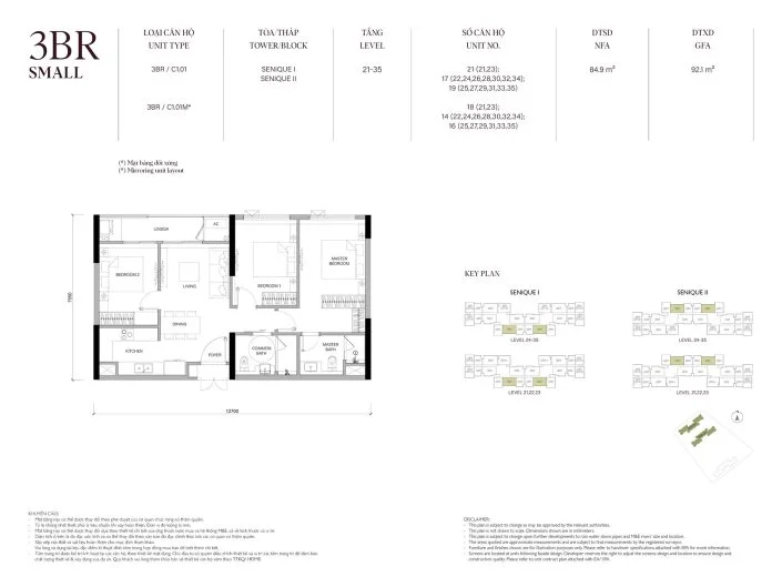 Mặt bằng căn hộ 3PN 84.9m2 Tòa The Senique 2 The Senique Hanoi