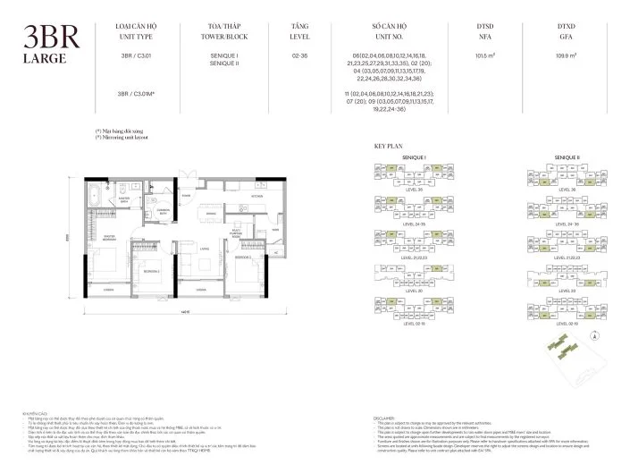 Mặt bằng căn hộ 3PN 101.5m2 Tòa The Senique 2 The Senique Hanoi