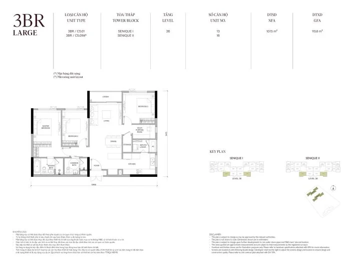 Mặt bằng căn hộ 3PN 107.5m2 Tòa The Senique 2 The Senique Hanoi