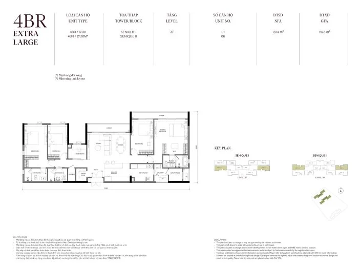 Mặt bằng căn hộ 4PN 187.4m2 Tòa The Senique 2 The Senique Hanoi