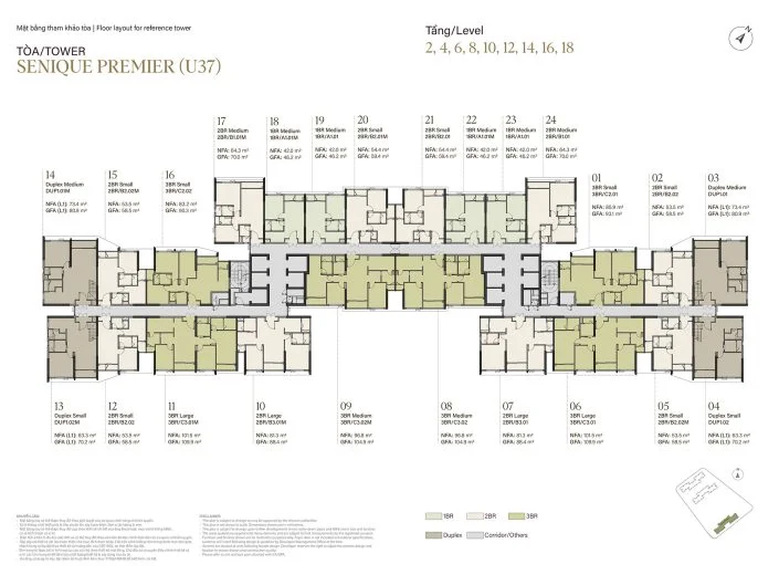 Mặt bằng tầng 2, 4, 6, 8, 10, 12, 14, 16, 18 tòa The Senique Premier