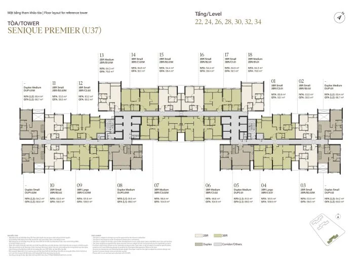 Mặt bằng tầng 22, 24, 26, 28, 30, 32, 34 tòa The Senique Premier