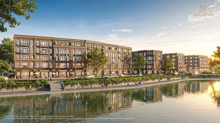 Phối cảnh dãy nhà phố thương mại The Gallery ven hồ Giảng Võ, với kiến trúc cổ điển và không gian xanh mát