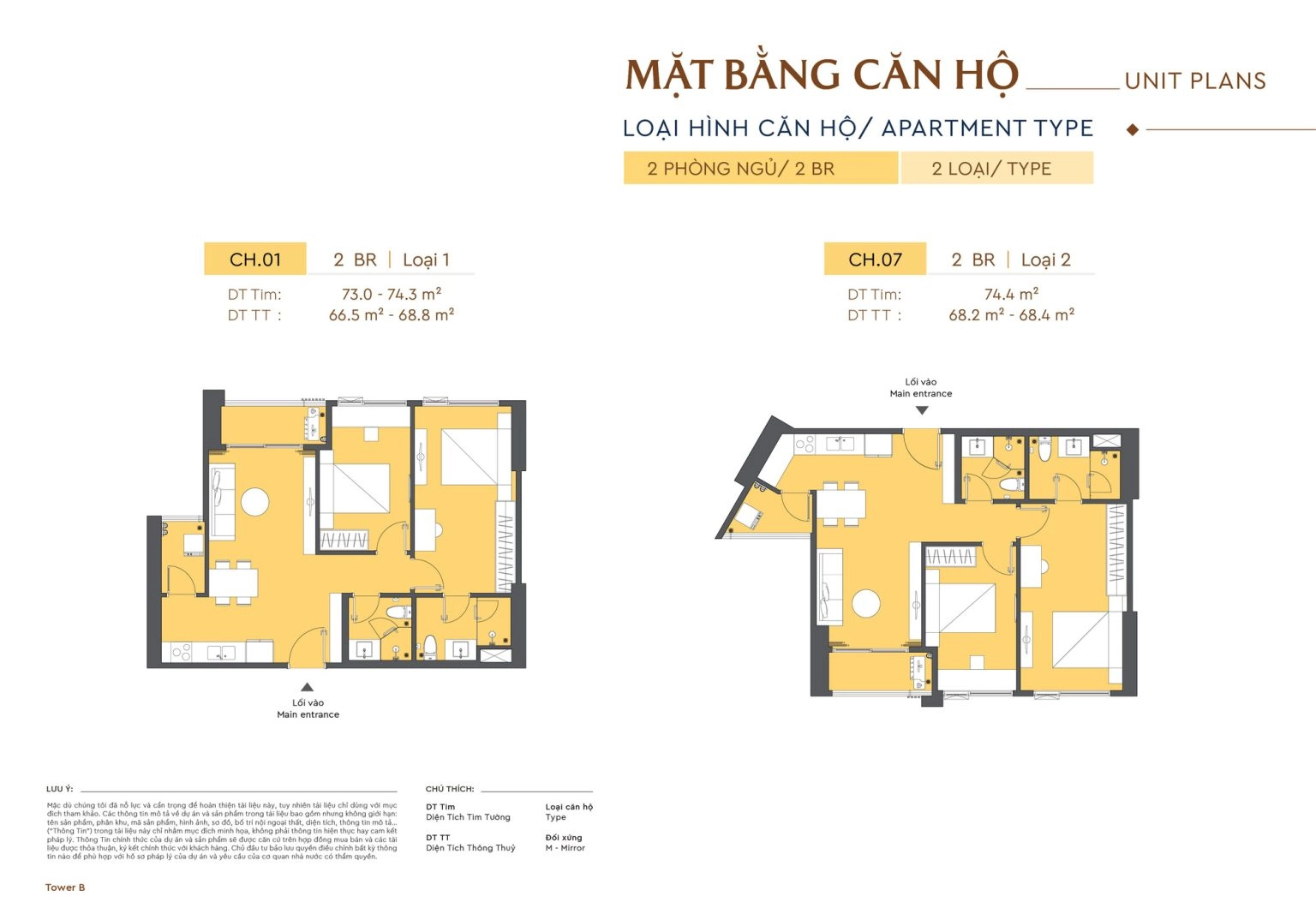 Mặt bằng căn hộ 2 phòng ngủ loại 1 và loại 2 với diện tích từ 73.0 m2 đến 74.4 m2