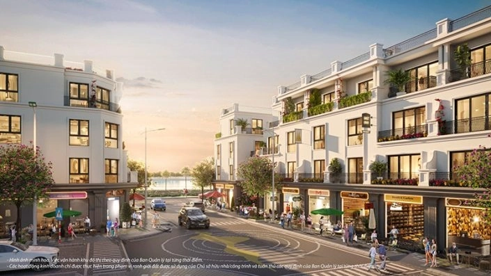 Phố đi bộ thương mại sầm uất với các cửa hàng shophouse và người dân mua sắm