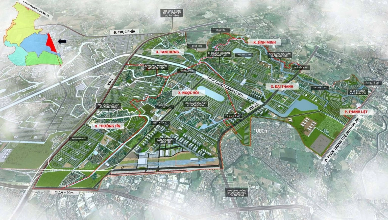 Bản đồ quy hoạch chi tiết tổng thể khu vực, hiển thị các tuyến đường chính, phân khu và các xã lân cận như Ngọc Hồi, Thường Tín.