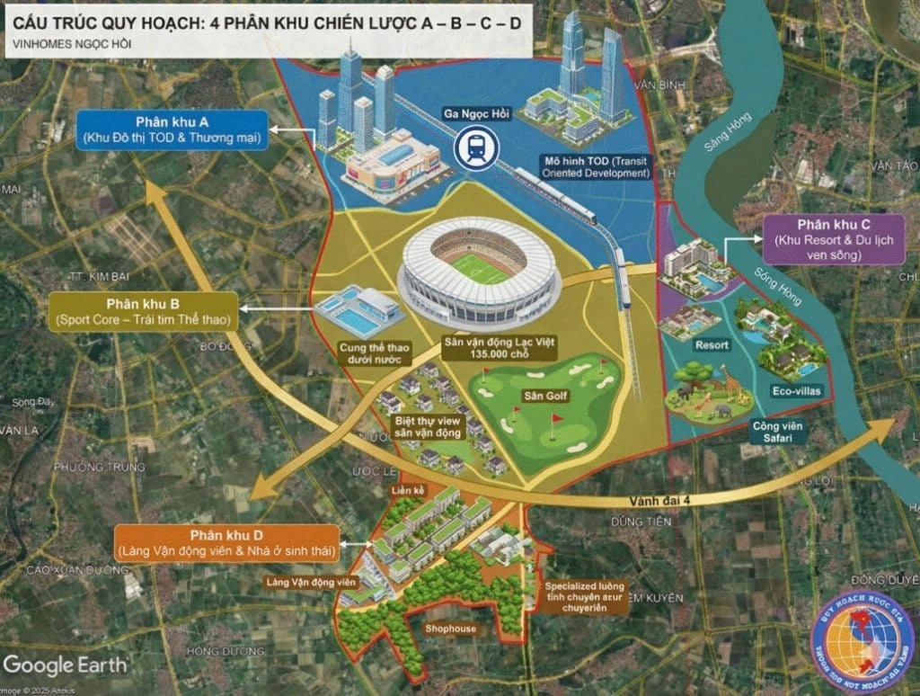 Sơ đồ cấu trúc quy hoạch 4 phân khu chiến lược A, B, C, D của Vinhomes Ngọc Hồi, bao gồm khu đô thị TOD, trung tâm thể thao, khu nghỉ dưỡng và làng vận động viên.