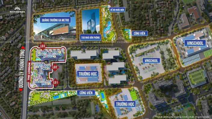 Sơ đồ mặt bằng tổng thể phân khu The London và vị trí tòa LD2