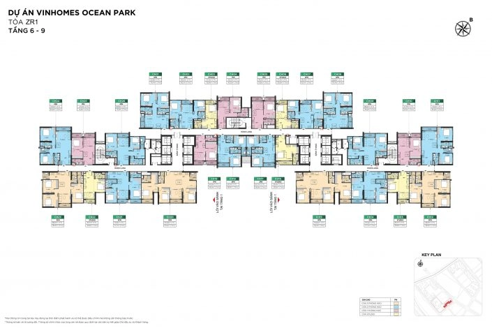 Mặt bằng điển hình tầng 6 đến 9 tòa ZR1 dự án Vinhomes Ocean Park với các căn hộ được bố trí rõ ràng