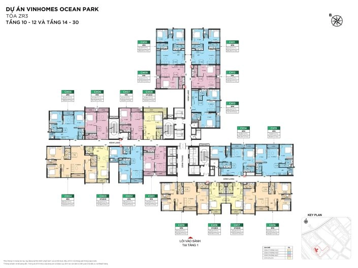 Mặt bằng tầng 10-12 và 14-30 tòa ZP3 dự án Vinhomes Ocean Park với sơ đồ bố trí các căn hộ chi tiết