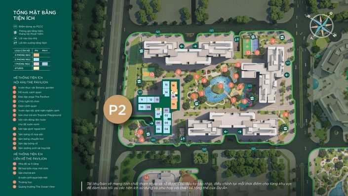 Mặt bằng tổng thể tiện ích nội khu của phân khu P2 với hồ bơi, sân chơi và đường dạo