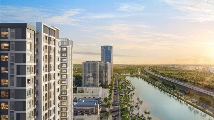 Góc nhìn từ trên cao ra các tòa nhà, dòng sông, đường cao tốc và cảnh quan đô thị rộng lớn