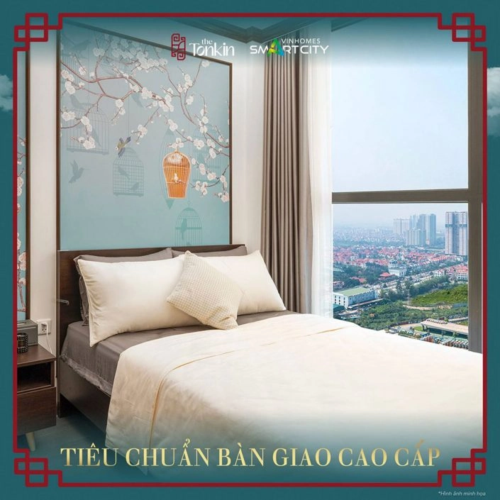 Nội thất phòng ngủ căn hộ cao cấp với giường đôi, tranh tường trang trí và tầm nhìn thành phố