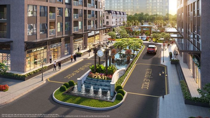 Phối cảnh đường nội khu với các cửa hàng thương mại và đài phun nước trung tâm The Tonkin