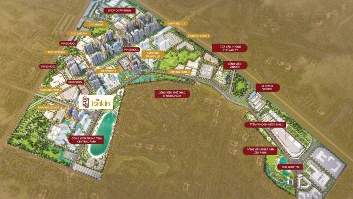 Sơ đồ tổng mặt bằng quy hoạch tổng thể dự án Vinhomes Smart City với các phân khu chức năng