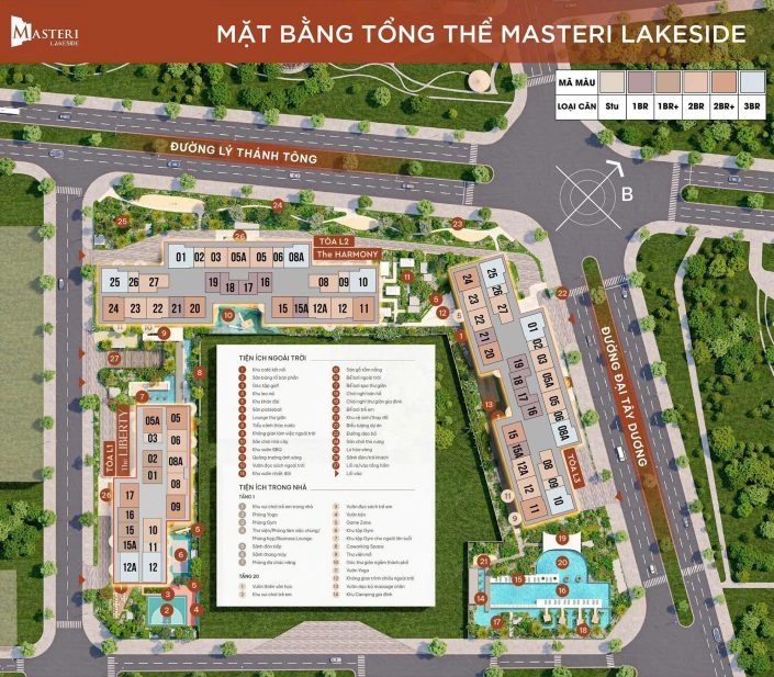 Mặt bằng tổng thể dự án Masteri Lakeside, hiển thị bố cục các tòa nhà The Harmony, The Liberty, đường nội khu và tiện ích