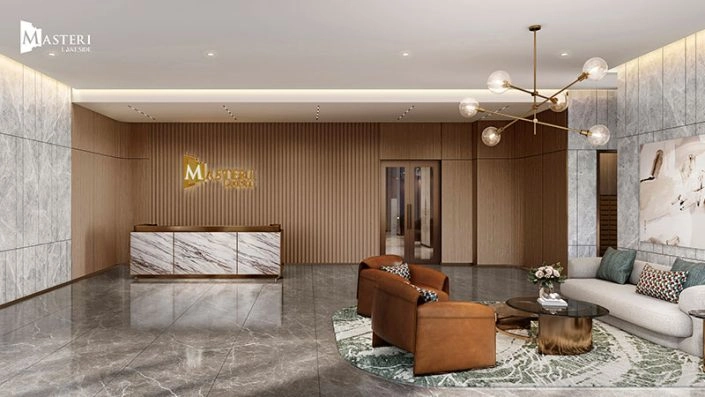 Sảnh đón tiếp sang trọng với quầy lễ tân đá cẩm thạch và khu vực chờ hiện đại, nội thất cao cấp tại Masteri Lakeside