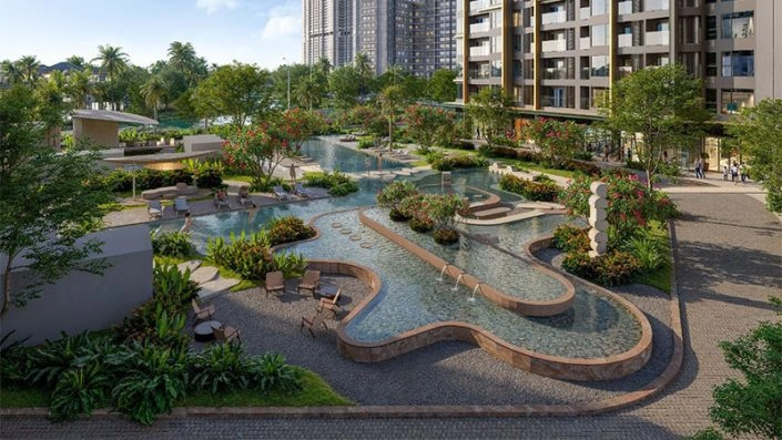 Hồ cảnh quan uốn lượn với các đài phun nước nhỏ và khu vực ghế ngồi thư giãn trong khuôn viên dự án