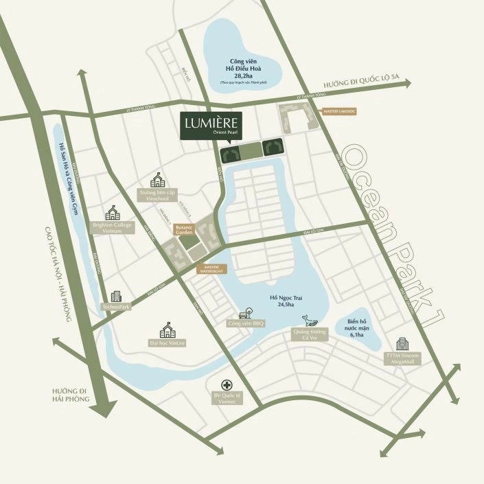 Bản đồ vị trí dự án Lumière Orient Pearl, thể hiện kết nối giao thông và các tiện ích lân cận như Ocean Park 1, Hồ Điều Hòa